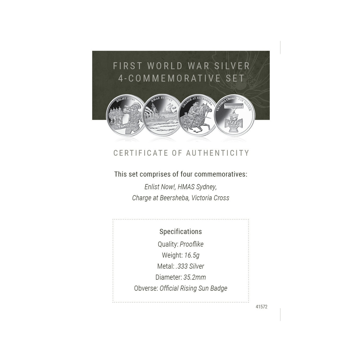 First World War Silver 4-Commemorative Set + FREE WWI Memorial Plaque Replica