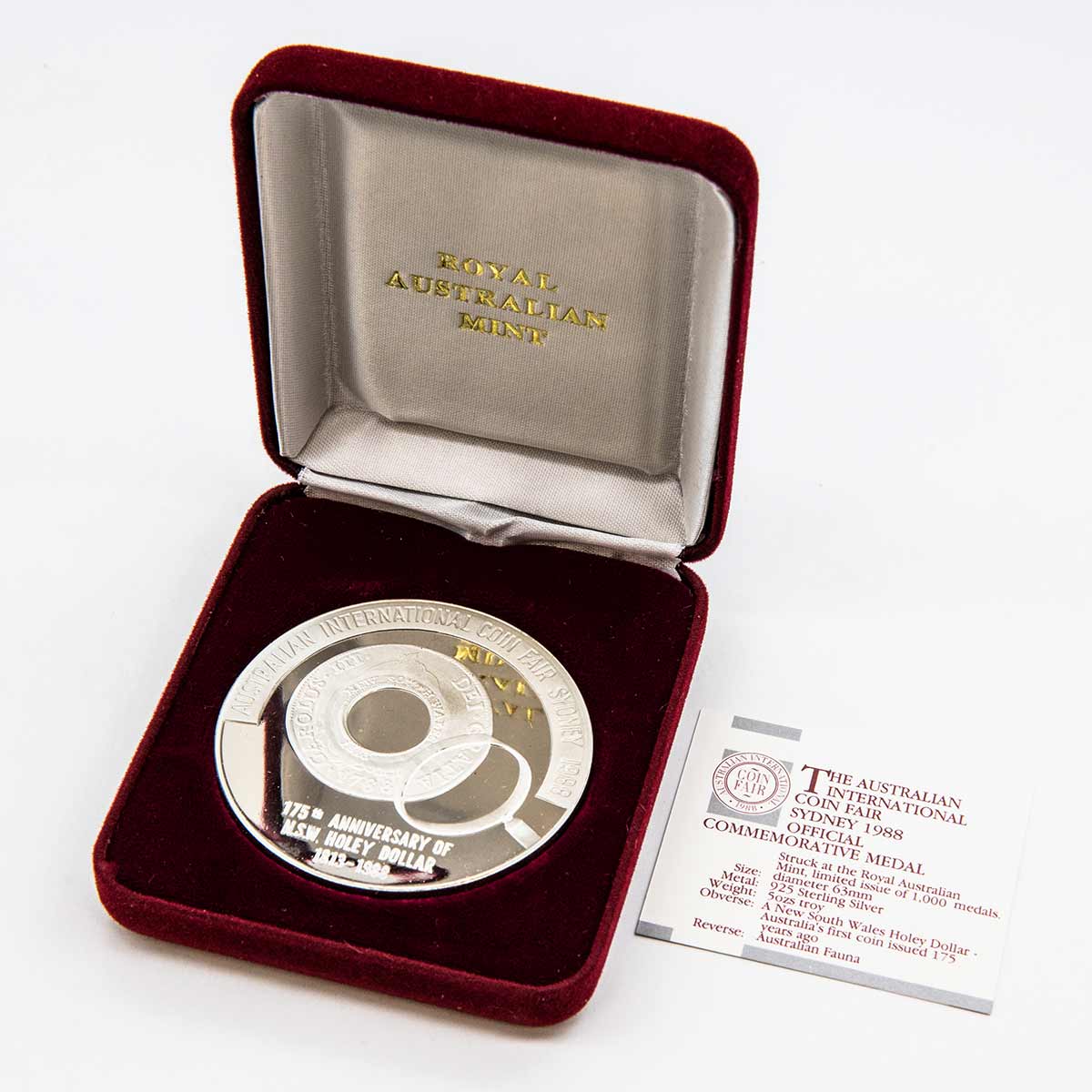 1988 Australian International Coin Fair Holey Dollar 175th Anniversary 5oz Silver Medallion