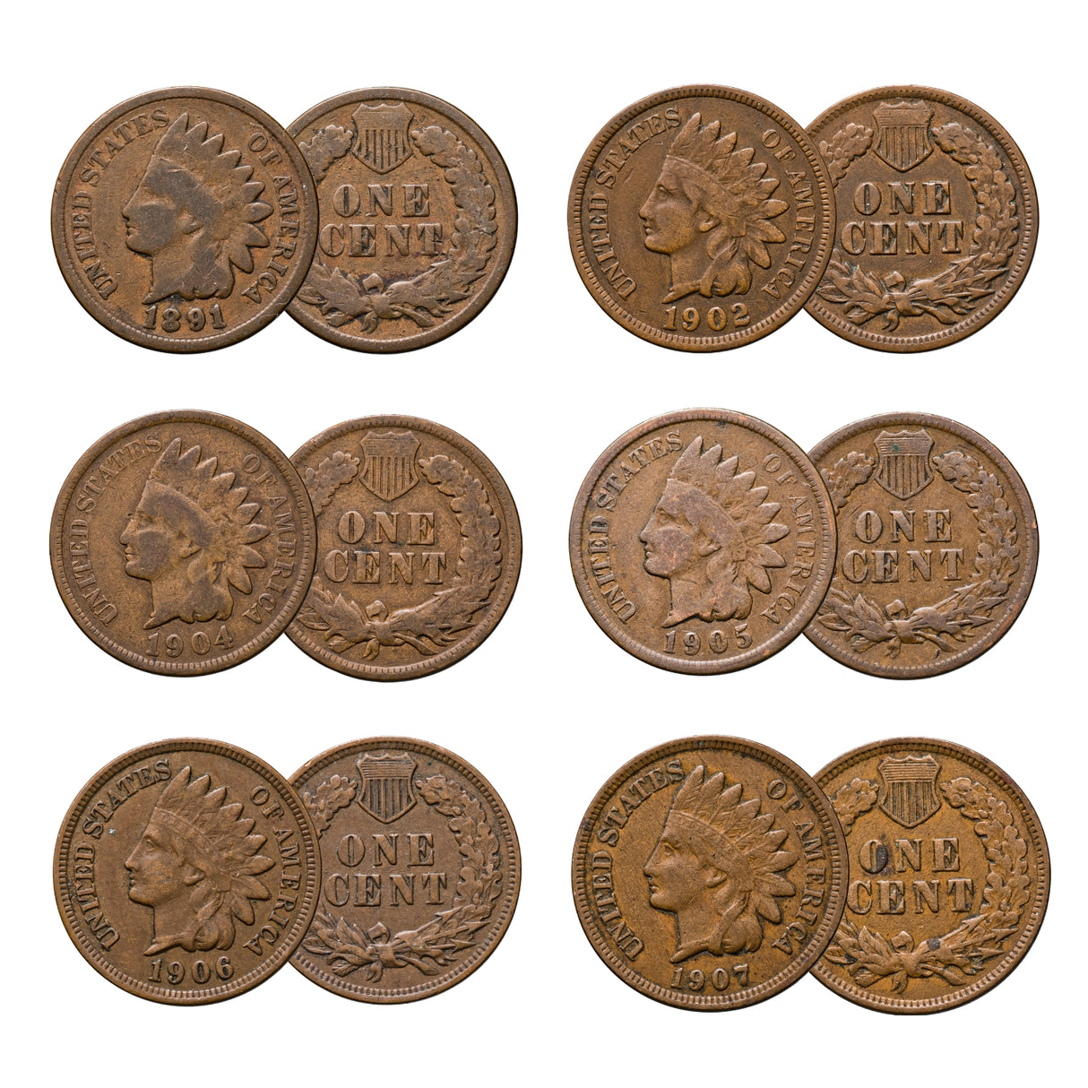 USA 1890-1909 Indian Head Cent Very Good-Very Fine 6-Coin Set (Dates of our choice)