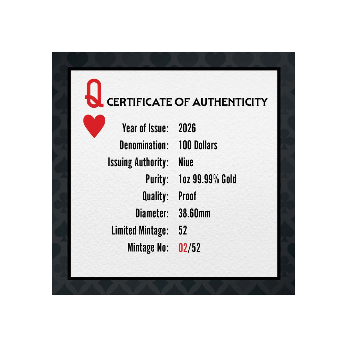 Queen of Hearts 2026 $100 1oz Gold Proof Coin