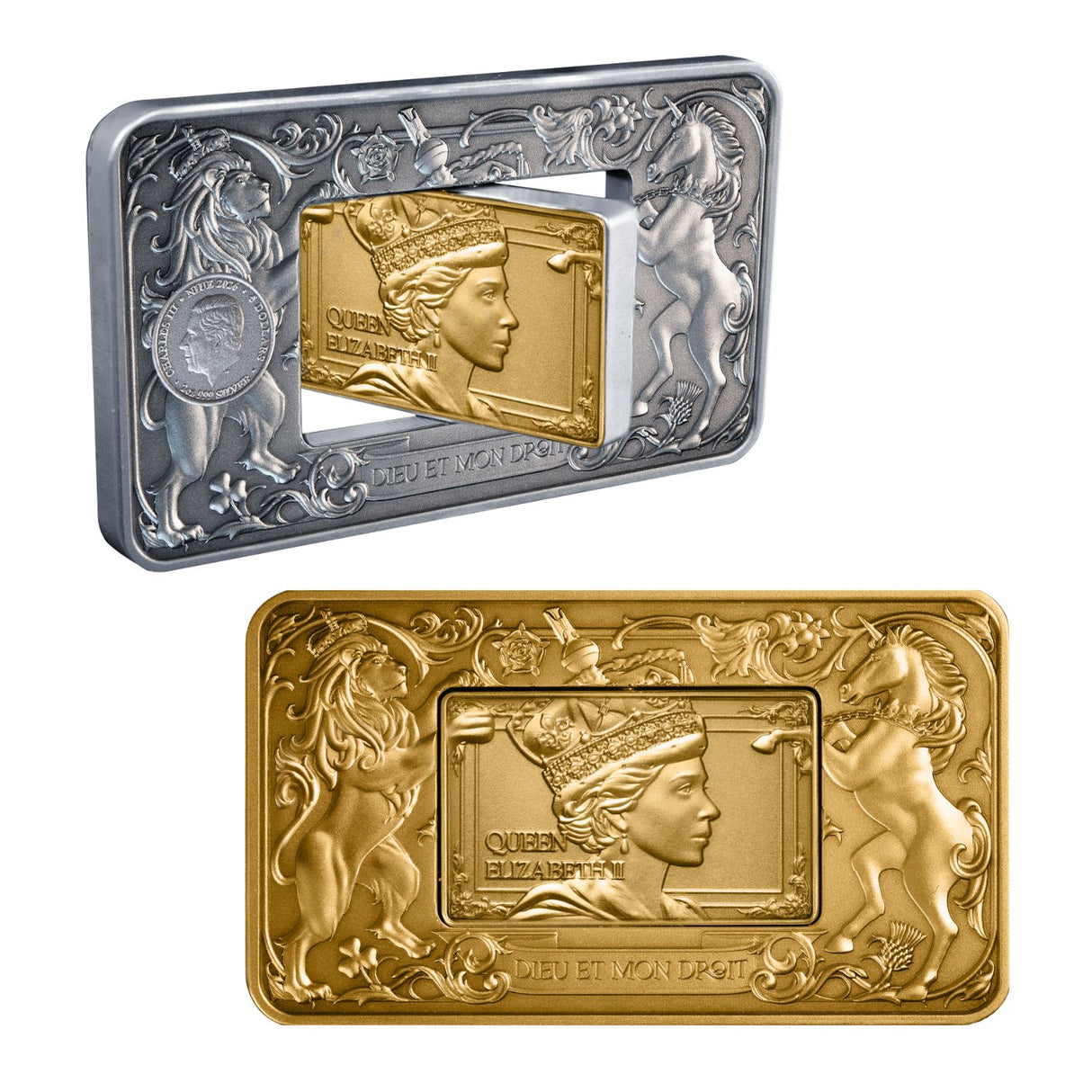 Elizabeth II & Charles III 2026 $5 Revolving Rectangle Gold-plated 2oz Silver Antique Coin