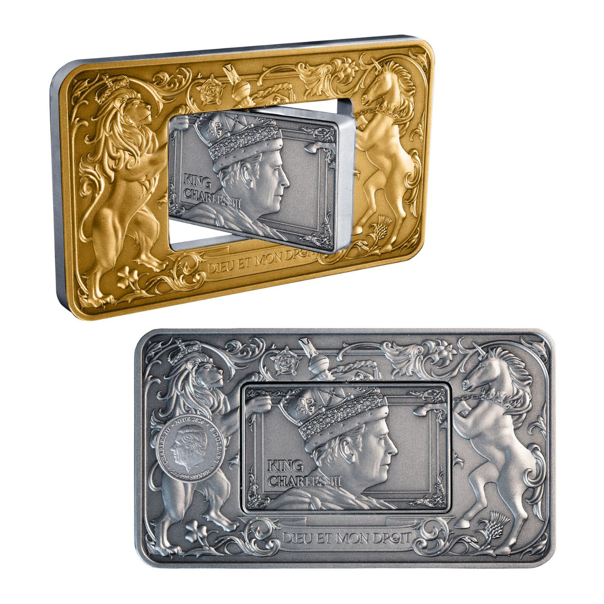 Elizabeth II & Charles III 2026 $5 Revolving Rectangle Gold-plated 2oz Silver Antique Coin