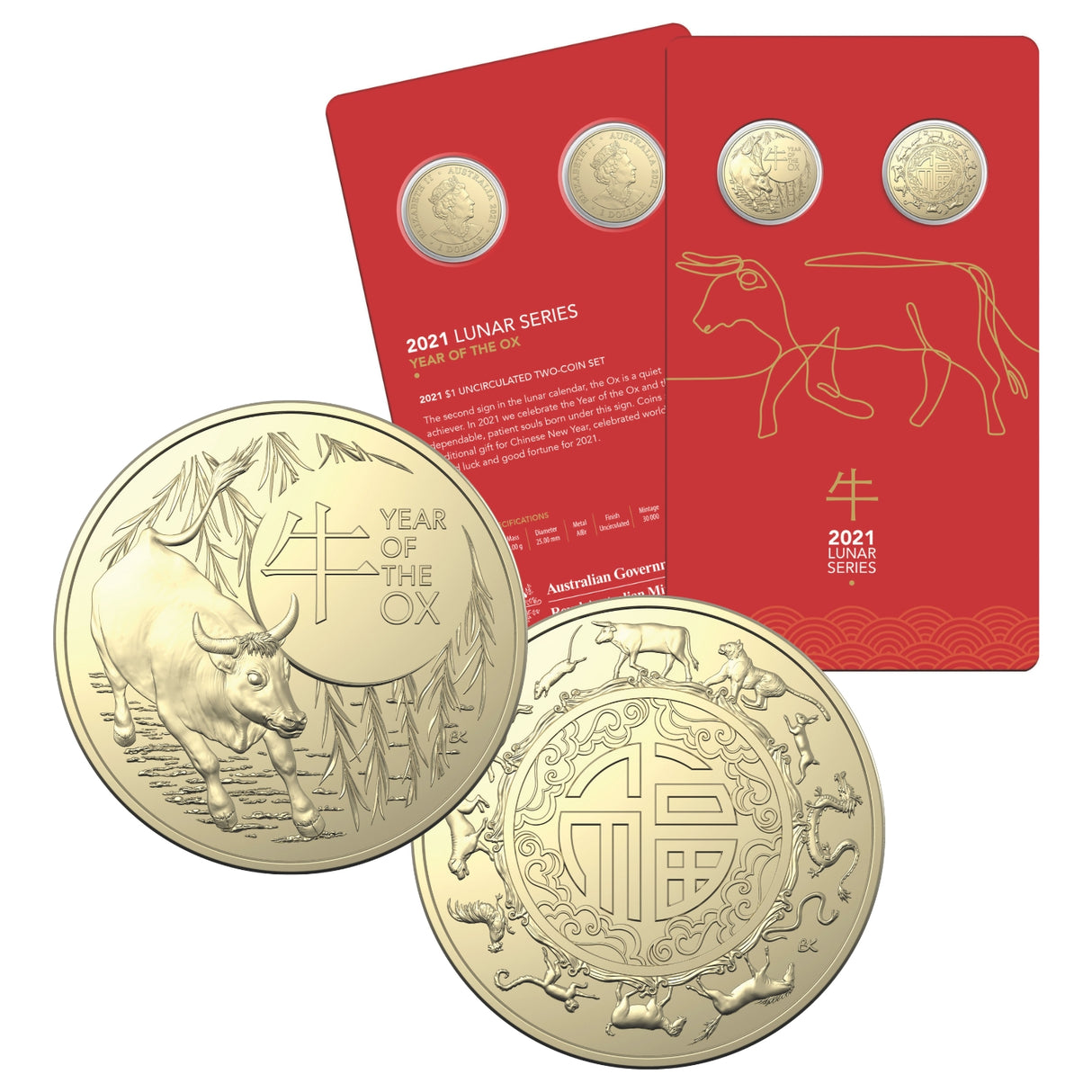 Australia Lunar Year of the Ox 2021 $1 Aluminium-Bronze Uncirculated 2-Coin Set