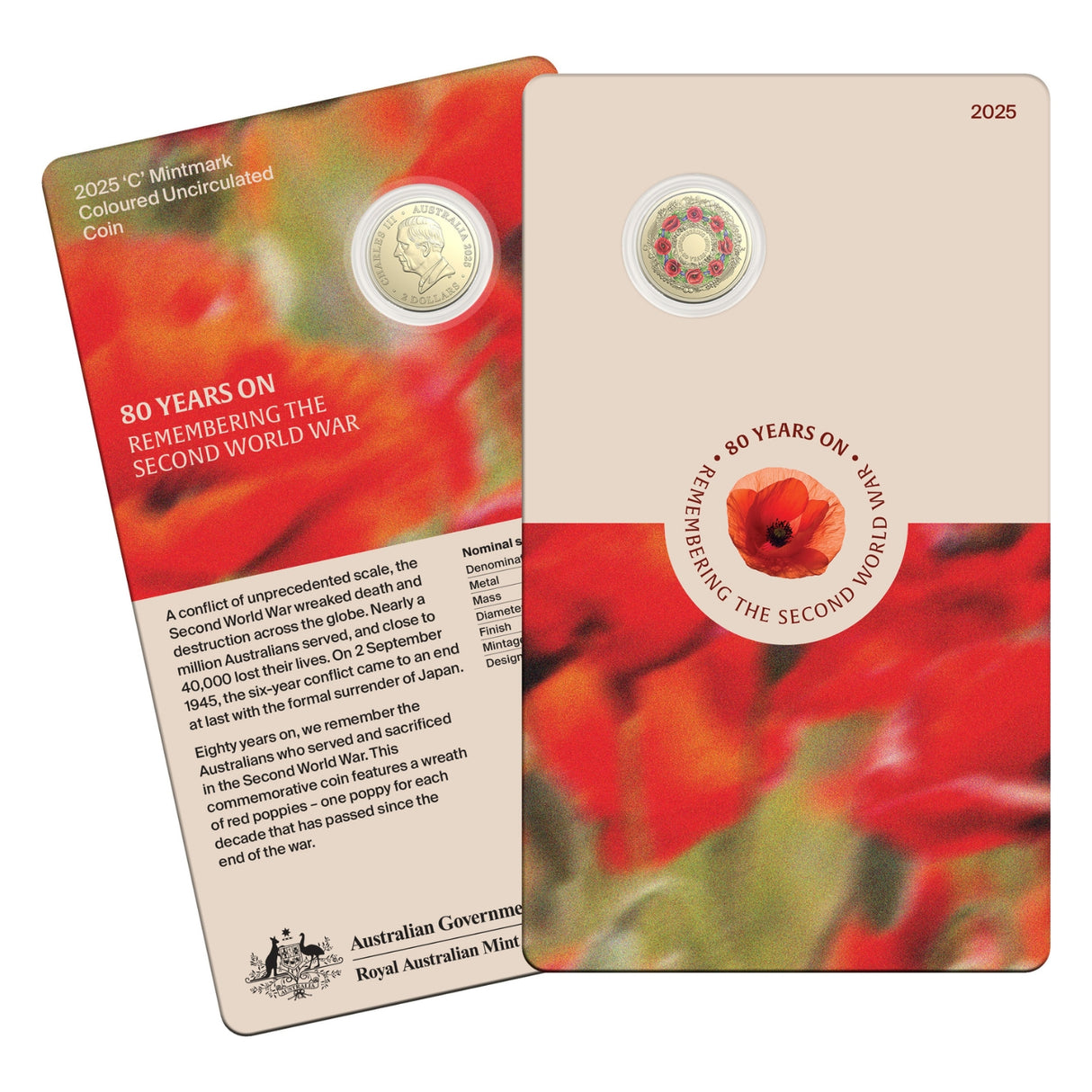 Australia WWII 80th Anniversary Poppy Wreath 2025 $2 C Mintmark Aluminium-Bronze Uncirculated Coin