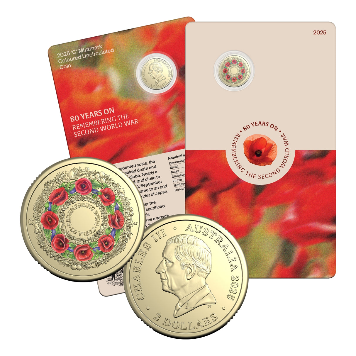 Australia WWII 80th Anniversary Poppy Wreath 2025 $2 C Mintmark Aluminium-Bronze Uncirculated Coin