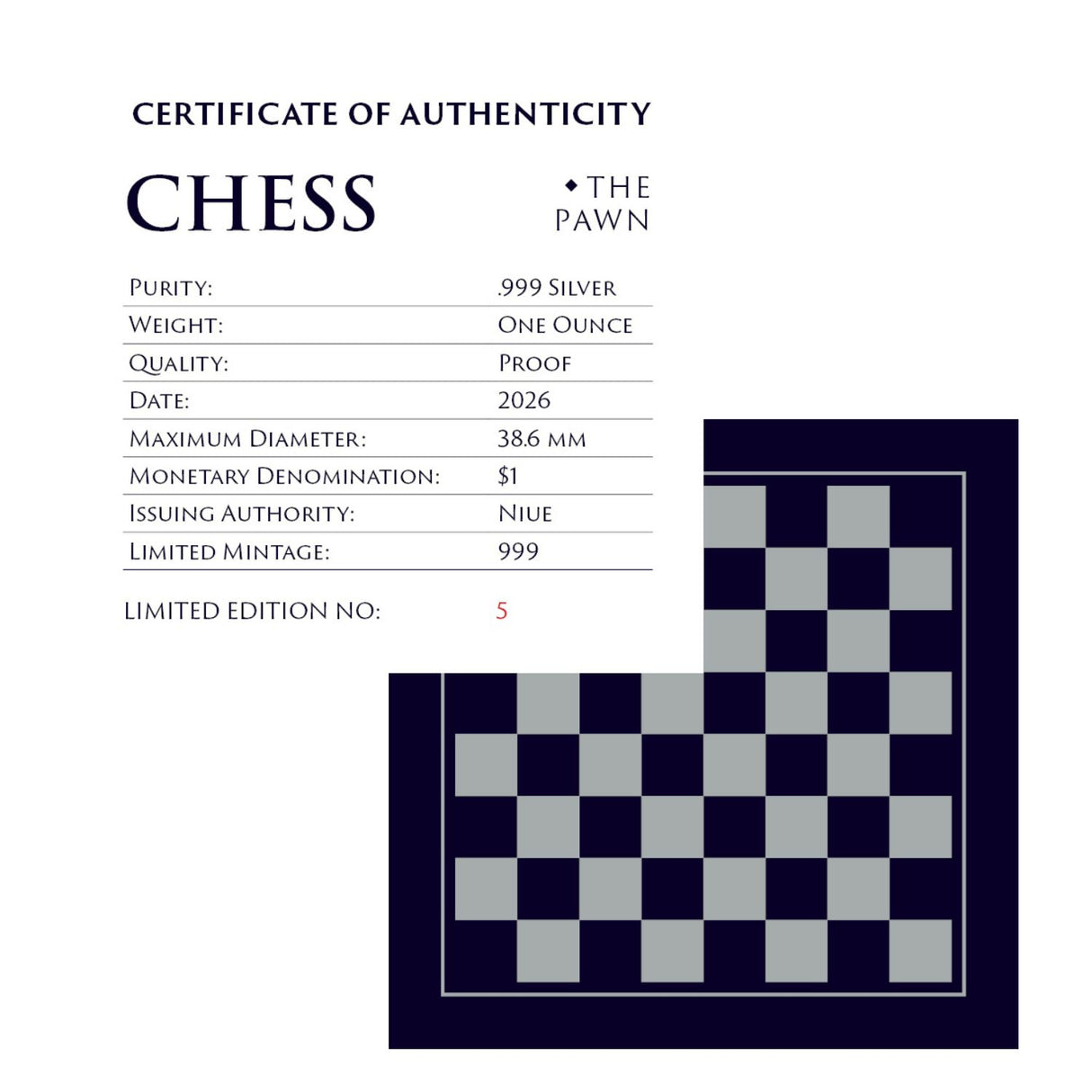 Chess Pawn 2026 $1 1oz Silver Black Proof Coin
