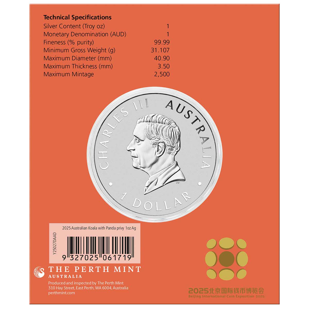 Australia Beijing International Coin Exposition Koala 2025 $1 Panda Privy 1oz Silver Brilliant Uncirculated Coin