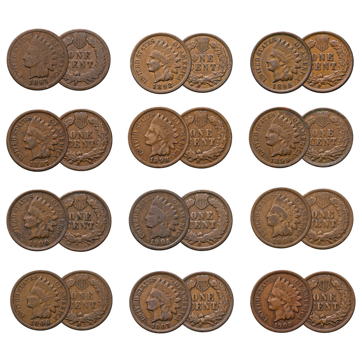 USA 1859-1909 Indian Head Cent Very Good-Very Fine 12-Coin Set (Dates of our choice)