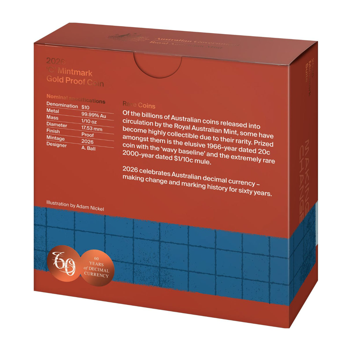 Australia 60th Anniversary of Decimal Currency 2026 $10 C Mintmark Gold Proof Coin