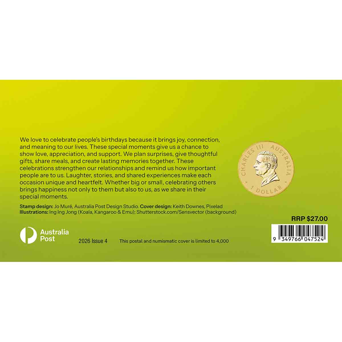 Australia Happy Birthday 2026 $1 Stamp & Coin Cover