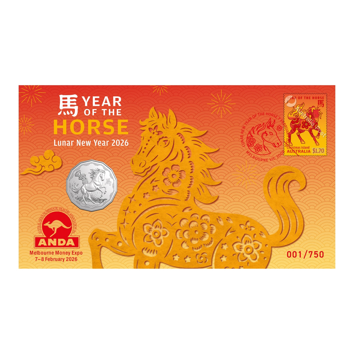 Australia ANDA Melbourne Money Expo 2026 50c Year of the Horse Stamp & Coin Cover