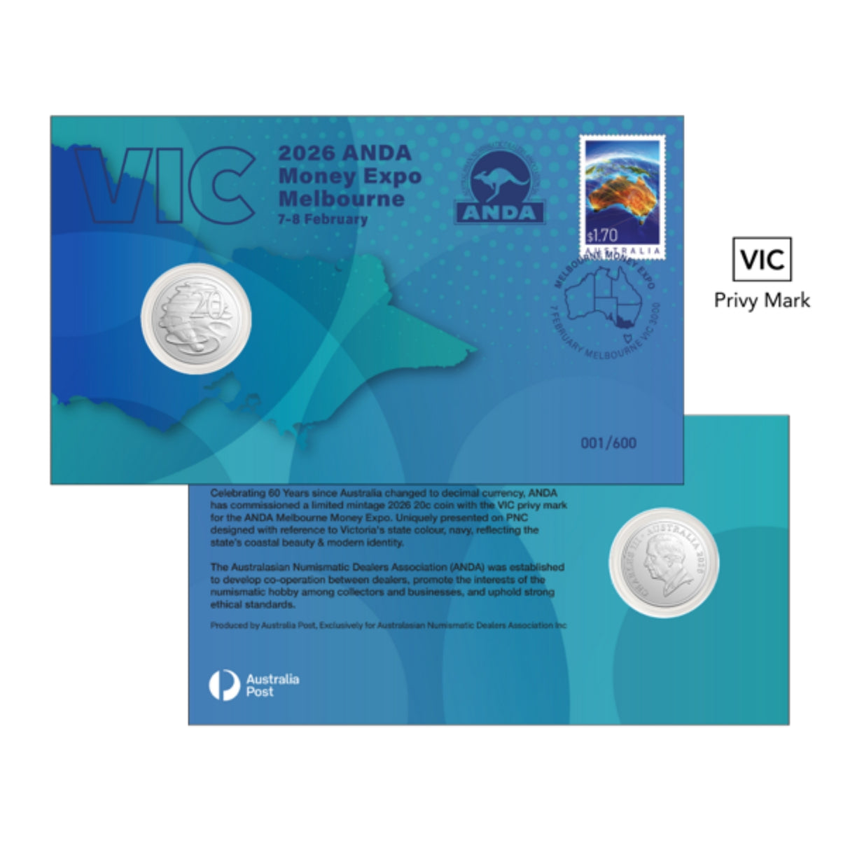 Australia ANDA Melbourne Money Expo 2026 20c VIC Privymark Stamp & Coin Cover