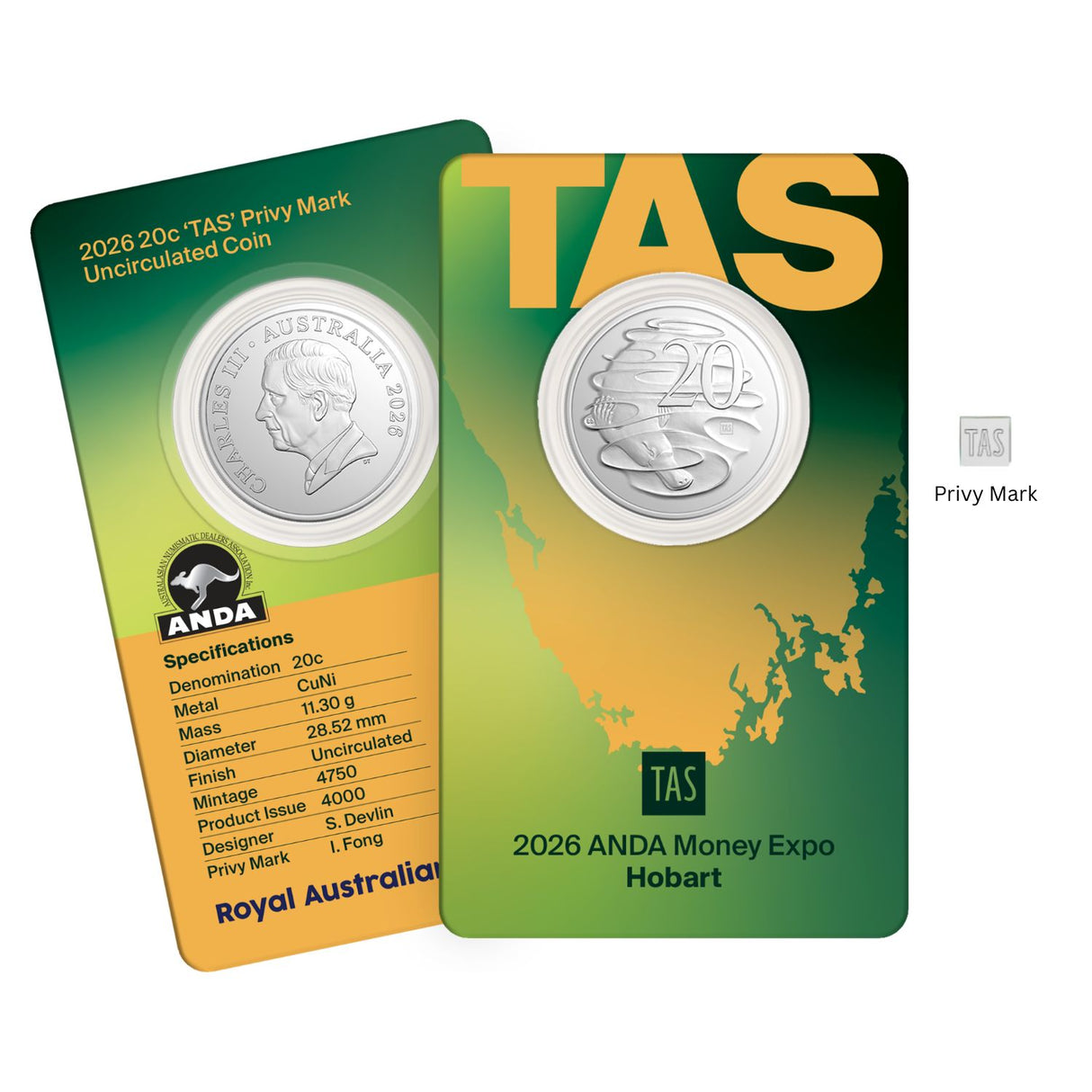 Australia ANDA Hobart Money Expo 2026 20c TAS Privymark Cupro-Nickel Uncirculated Coin