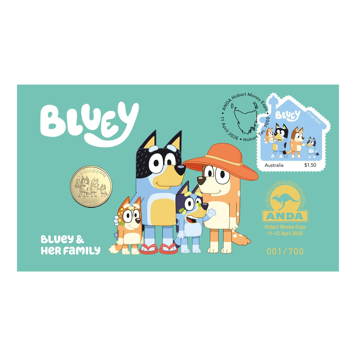 Australia ANDA Hobart Money Expo Bluey Dollarbucks 2024 $1 The Heelers Stamp & Coin Cover