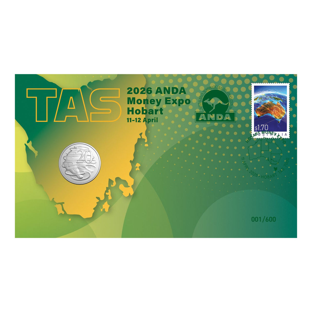 Australia ANDA Hobart Money Expo 2026 20c TAS Privymark Stamp & Coin Cover