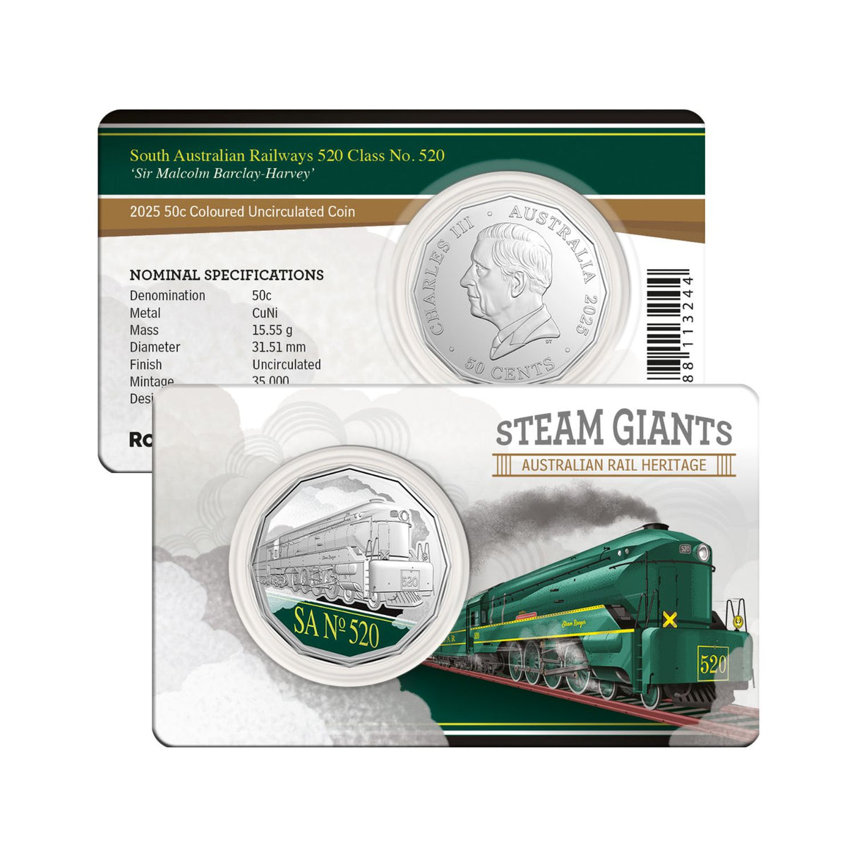 Australia Steam Giants 2025 50c South Australian Railways 520 Class No. 520 ‘Sir Malcolm Barclay-Harvey’ Colour Cupro-Nickel Uncirculated Coin