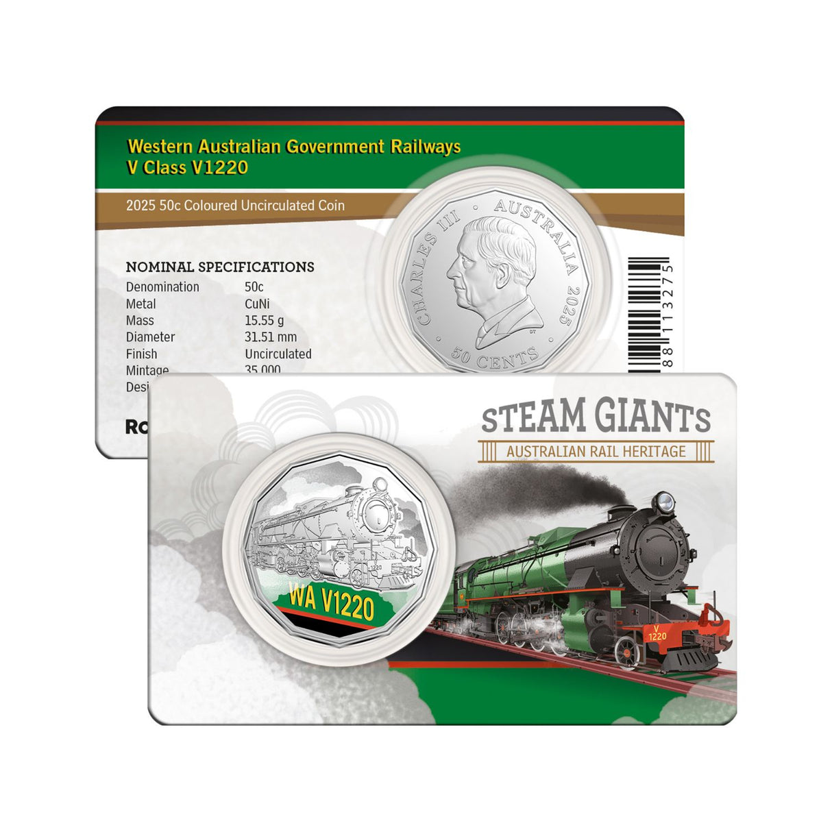 Australia Steam Giants 2025 50c Western Australian Government Railways V Class V1220 Colour Cupro-Nickel Uncirculated Coin