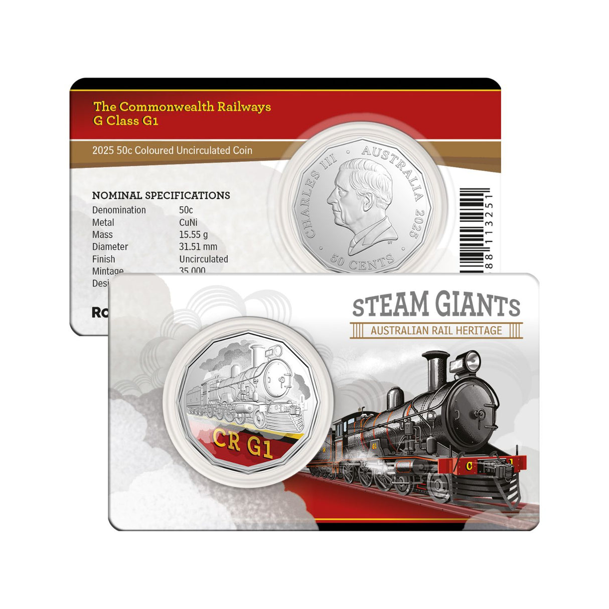 Australia Steam Giants 2025 50c Commonwealth Railways G Class G1 Colour Cupro-Nickel Uncirculated Coin