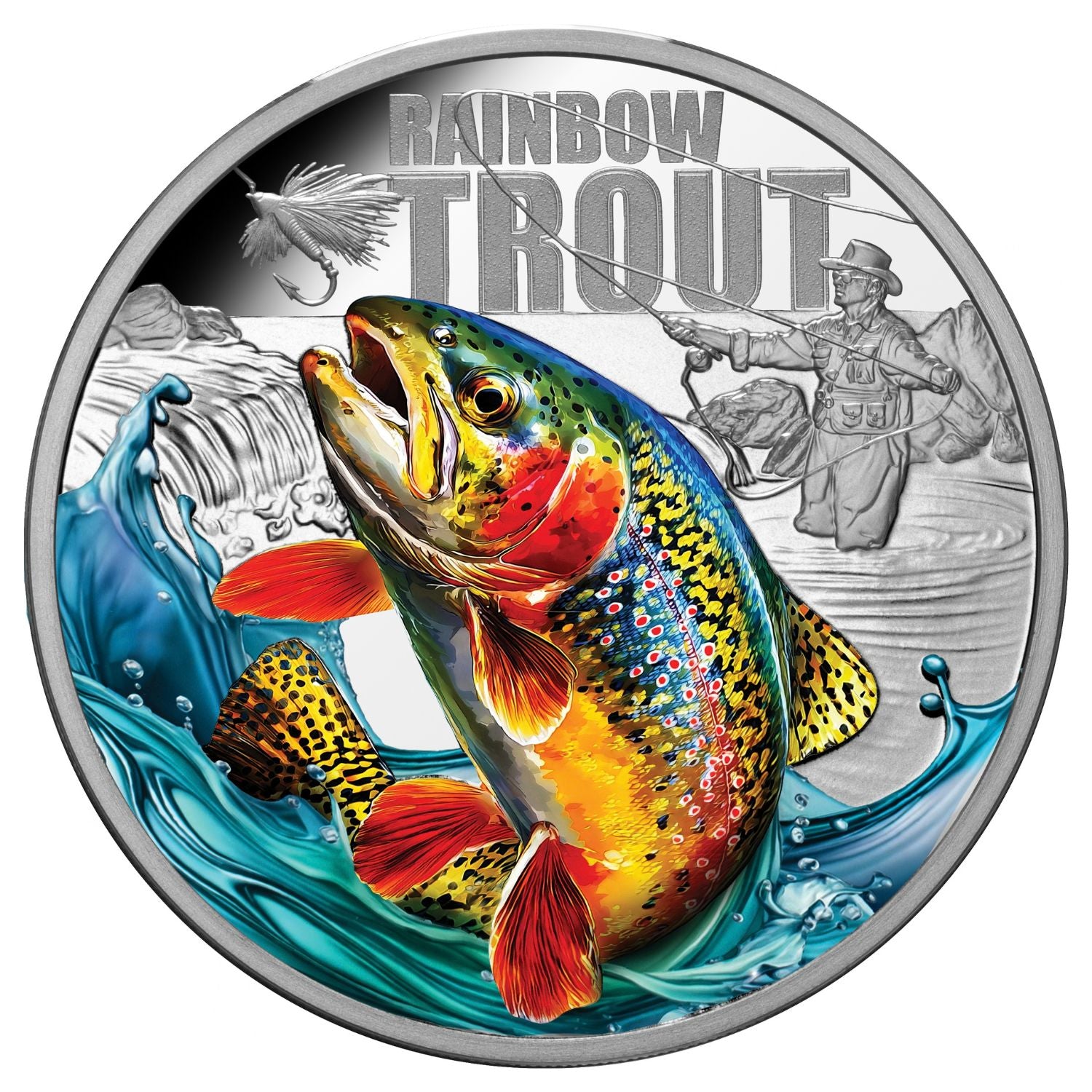 キラク　Halcyone 99 Baby Trout Rainbow Trout 2027 $1 Colour 1oz Silver Proof Coin – Downies