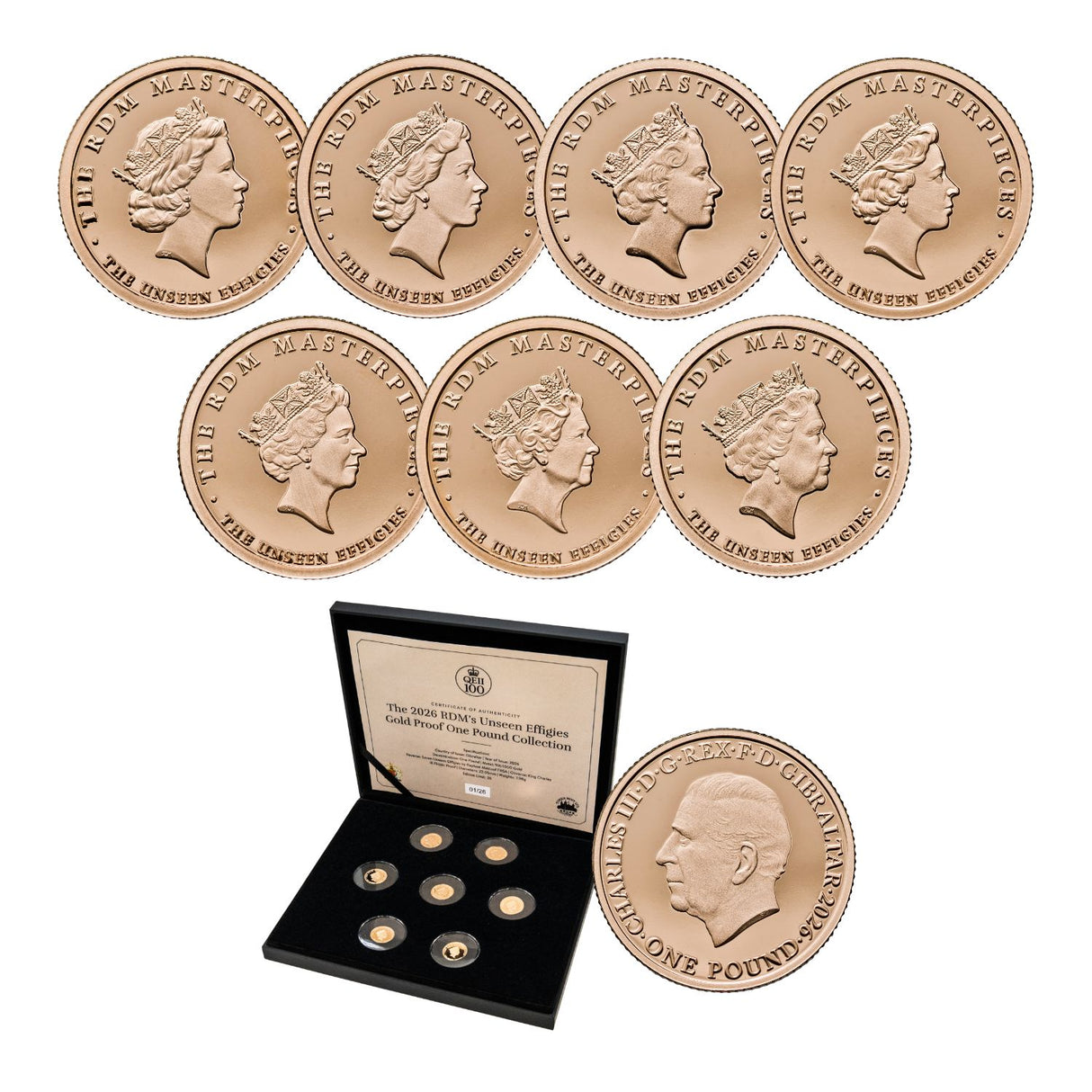 Centenary of the Birth of Elizabeth II 2026 £1 Raphael Maklouf Unseen Effigies 1/4oz Gold Proof 7-Coin Collection