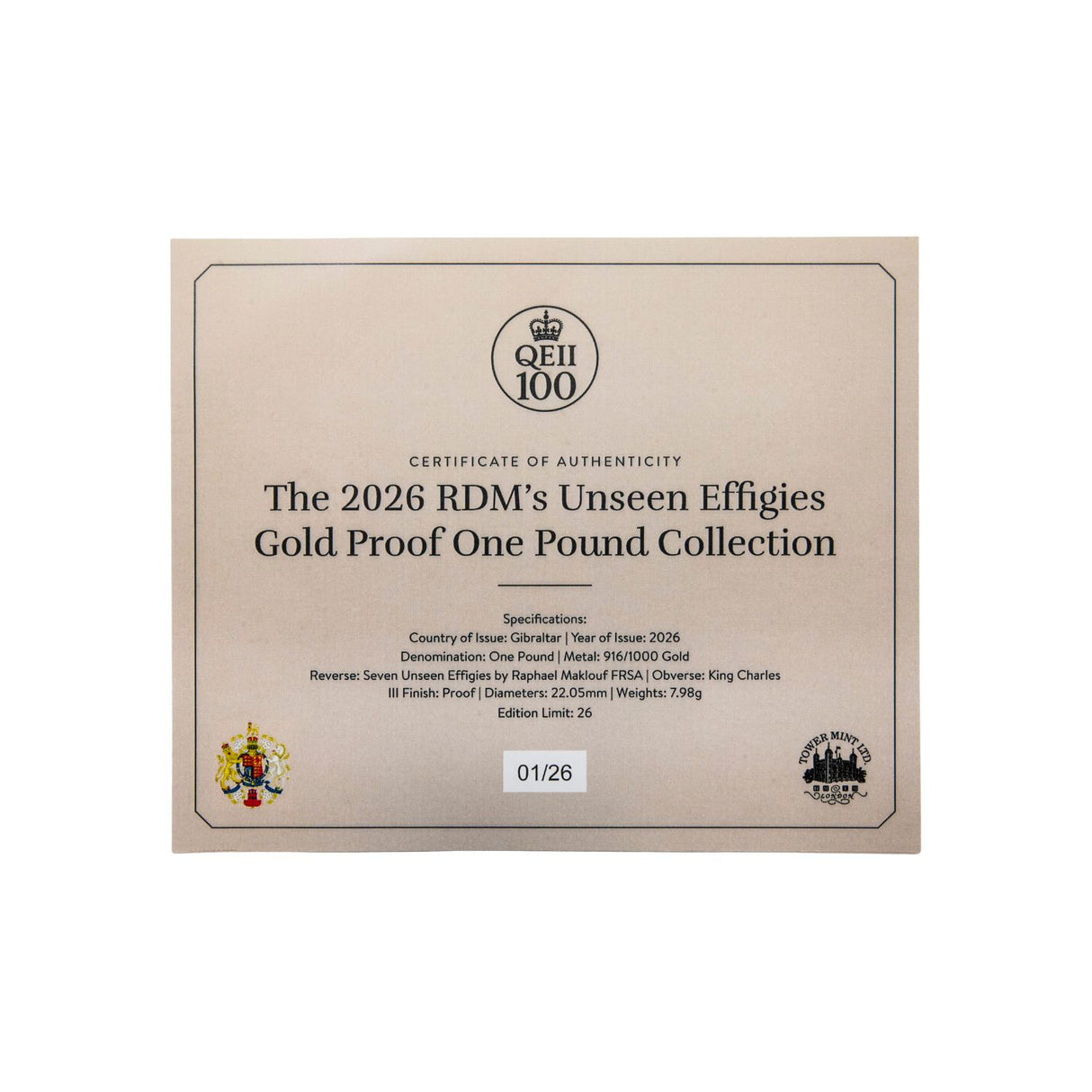 Centenary of the Birth of Elizabeth II 2026 £1 Raphael Maklouf Unseen Effigies 1/4oz Gold Proof 7-Coin Collection