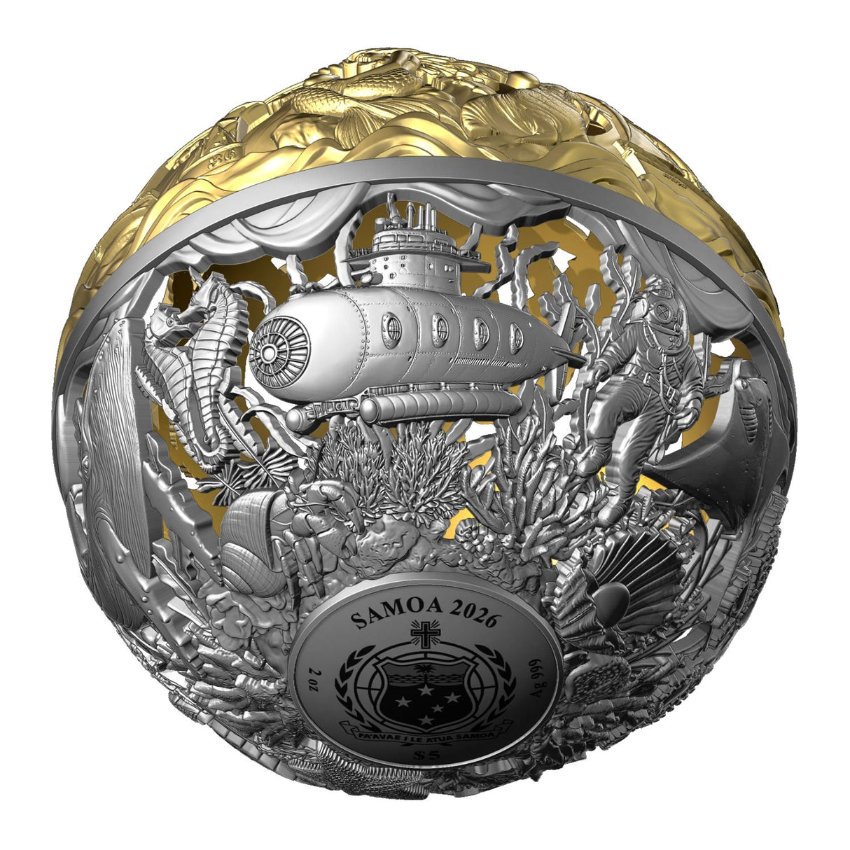 Sea & Surface 2026 $5 Filigree Gold-plated 2oz Silver Antique Spherical Coin