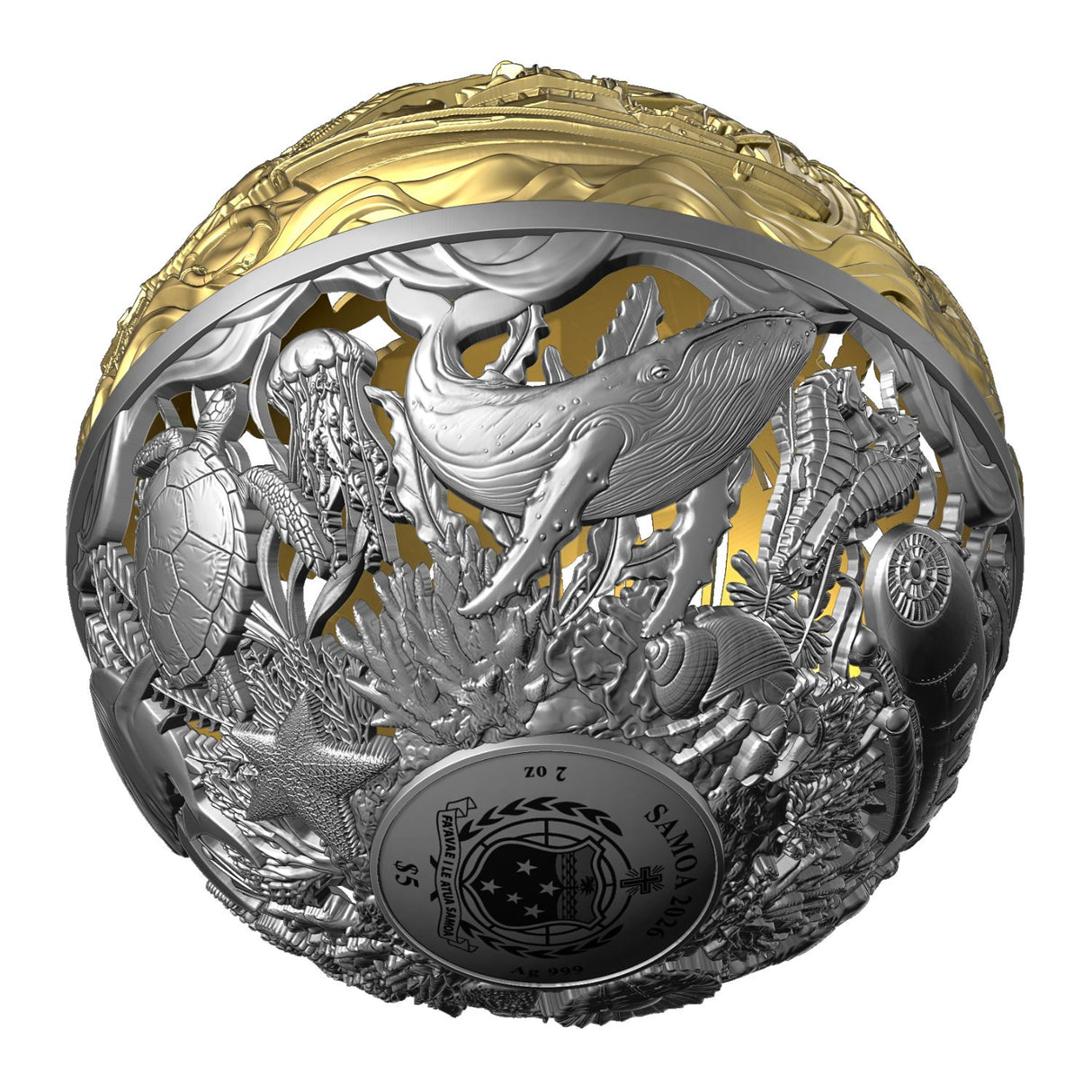 Sea & Surface 2026 $5 Filigree Gold-plated 2oz Silver Antique Spherical Coin