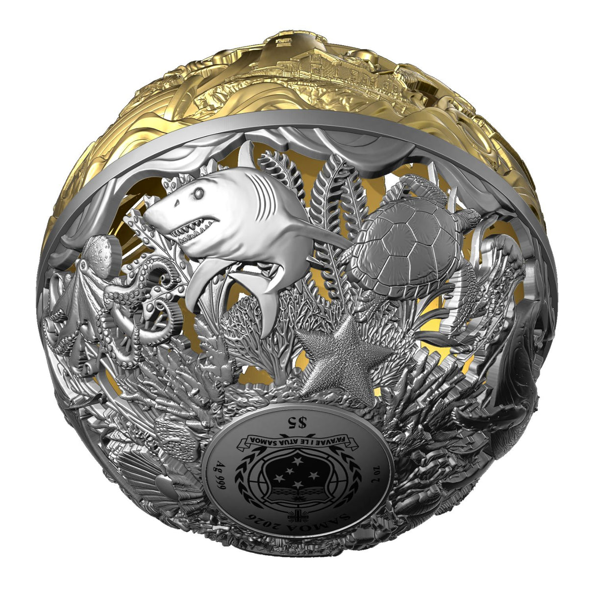 Sea & Surface 2026 $5 Filigree Gold-plated 2oz Silver Antique Spherical Coin