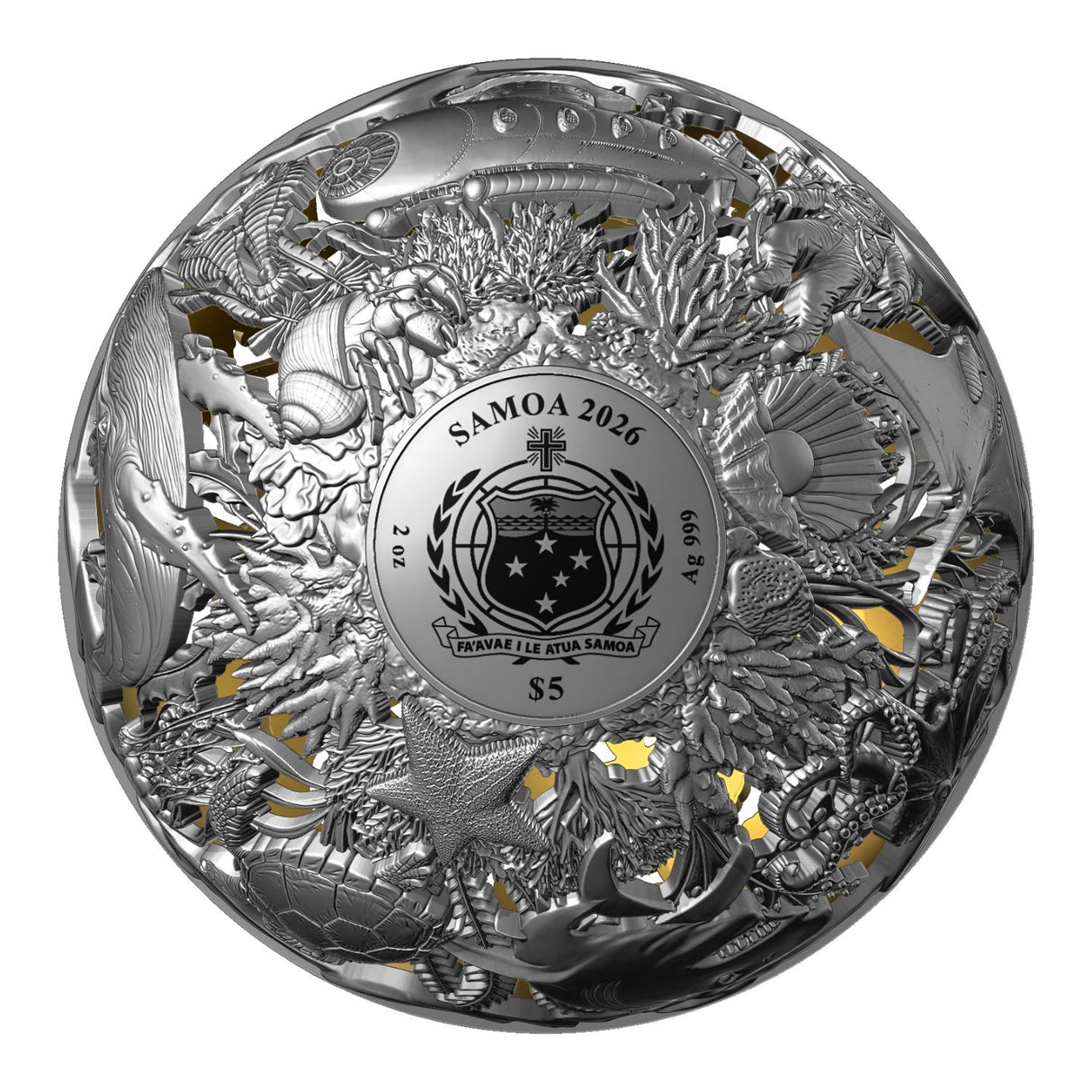 Sea & Surface 2026 $5 Filigree Gold-plated 2oz Silver Antique Spherical Coin