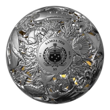 Sea & Surface 2026 $5 Filigree Gold-plated 2oz Silver Antique Spherical Coin