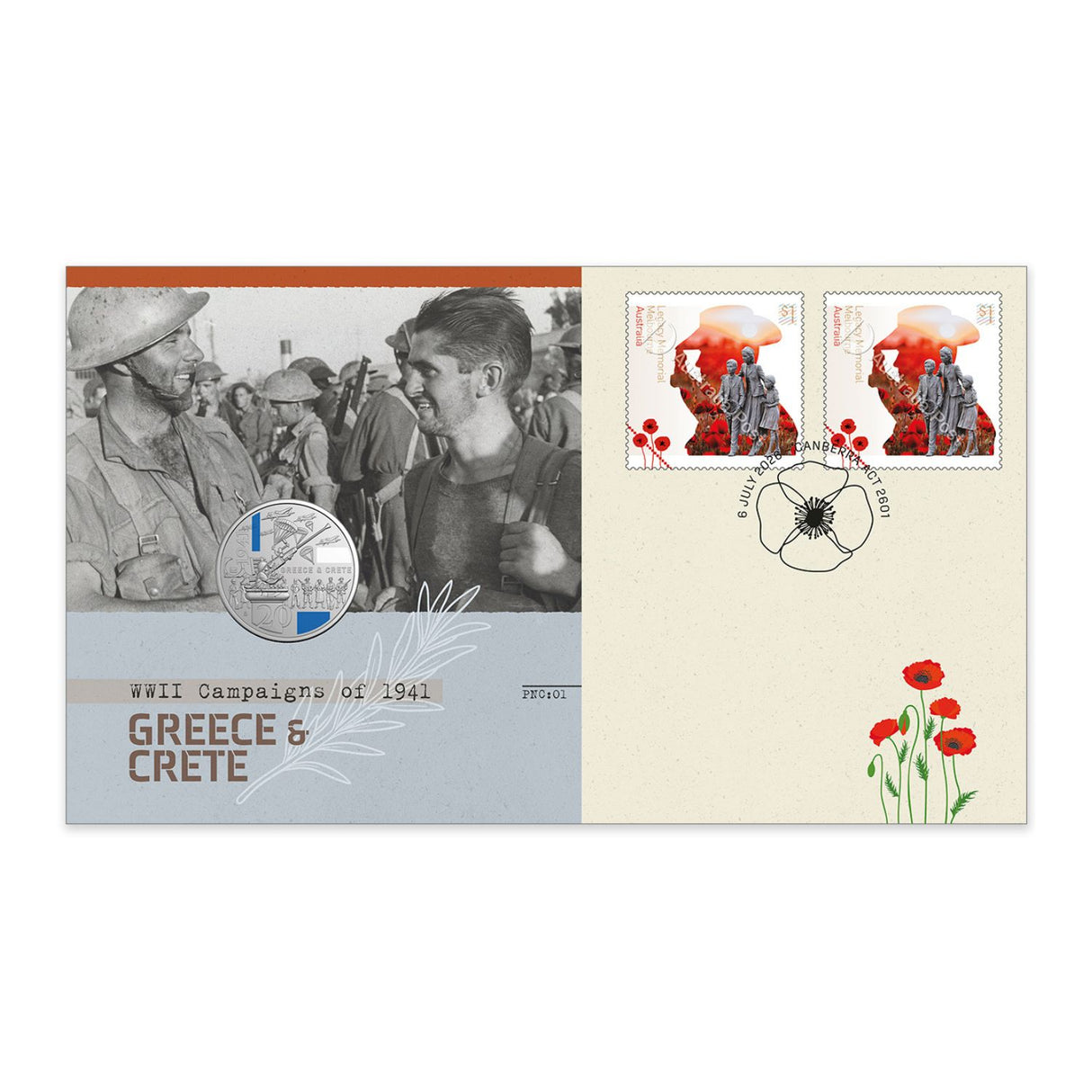 Australia WWII Greece & Crete 2026 20c Privymark Stamp & Coin Cover