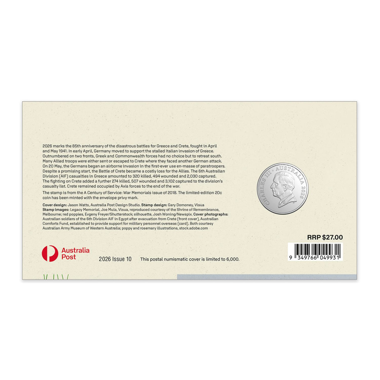Australia WWII Greece & Crete 2026 20c Privymark Stamp & Coin Cover