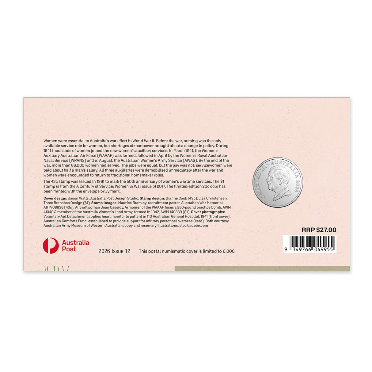 Australia WWII Women's Service 2026 20c Privymark Stamp & Coin Cover