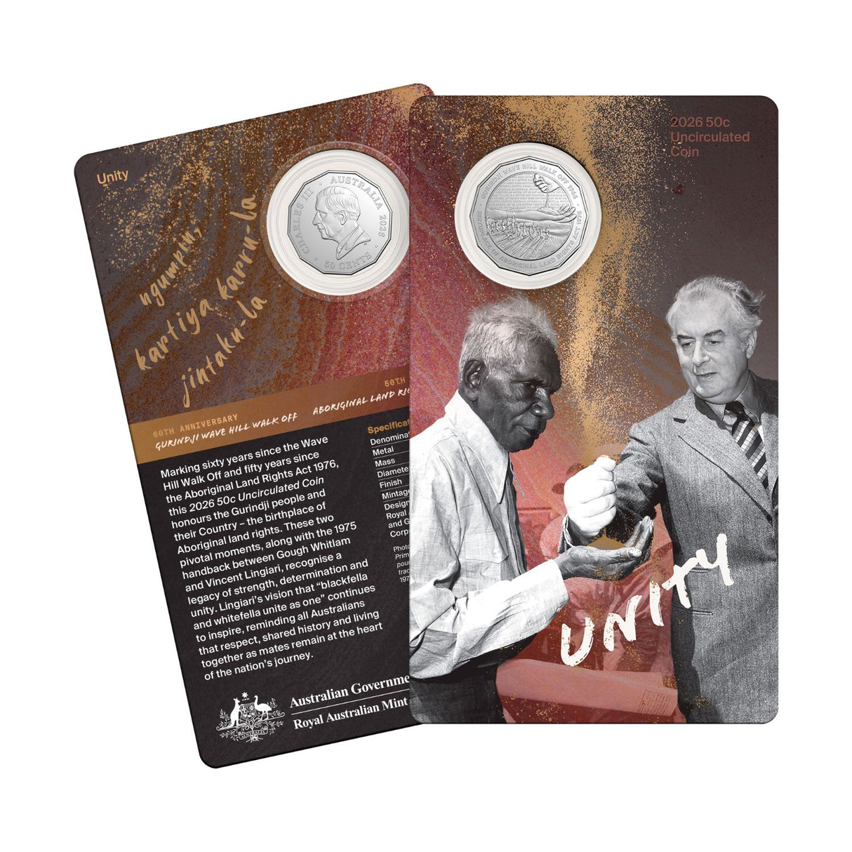 Australia Wave Hill Walk Off 60th Anniversary & Aboriginal Land Rights (Northern Territory) Act 1976 50th Anniversary 2026 50c Cupro-Nickel Uncirculated Coin