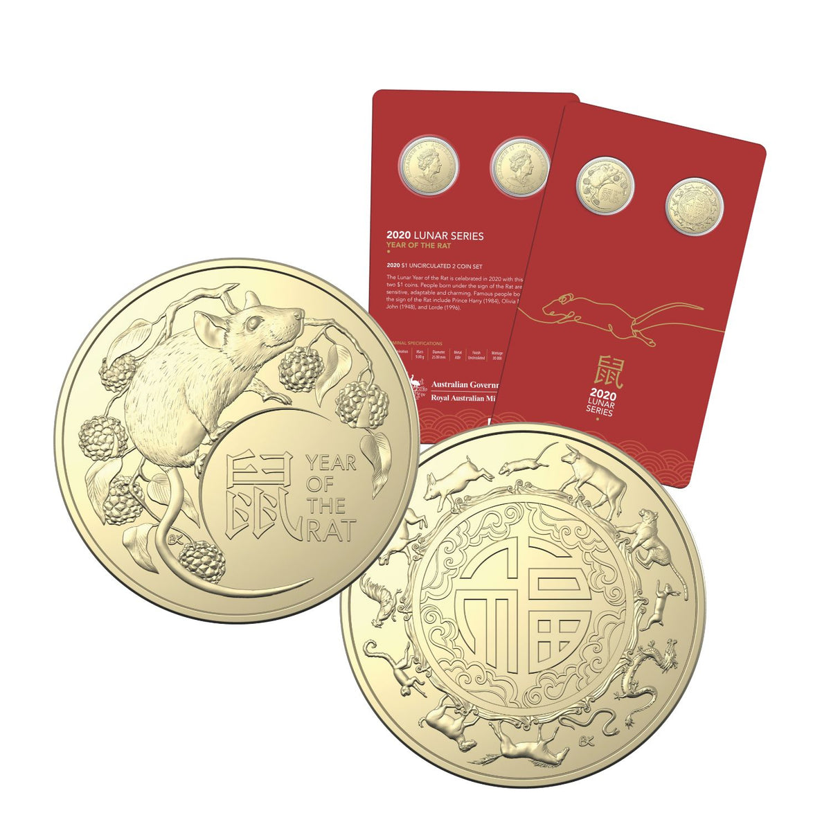 Australia Lunar Year of the Rat 2020 $1 Aluminium-Bronze Uncirculated 2-Coin Set