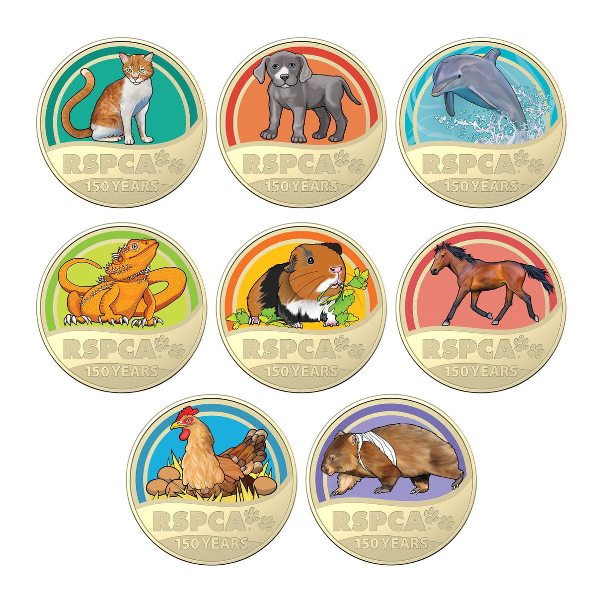 2021 $1 RSPCA 150 Years set of 8 coloured Unc Coins