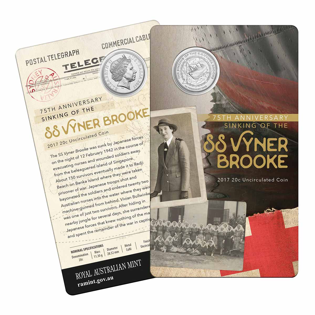 2017 20c 75th Anniversary Sinking of the SS Vyner Brooke Uncirculated Coin