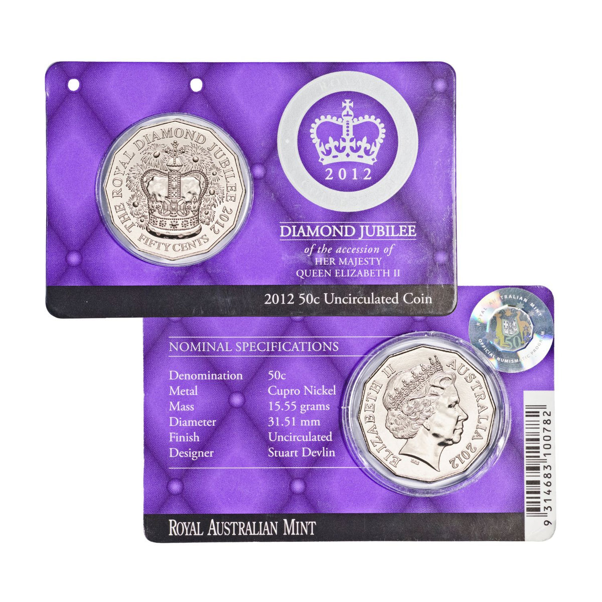 2012 50c Diamond Jubilee of of the accession of Queen Elizabeth II Unc Coin