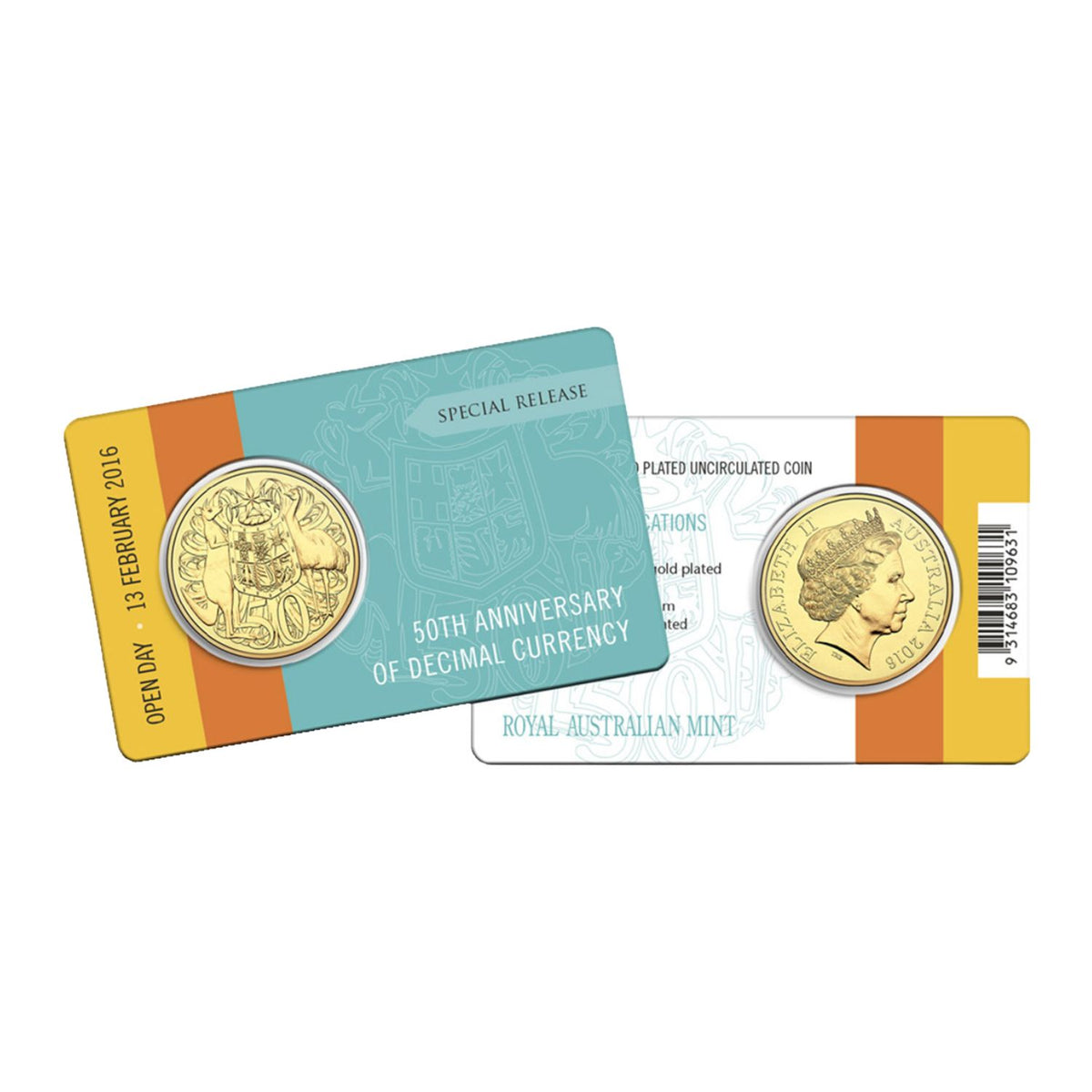 2016 50c 50th Anniversary of Decimal Currently Special Release Open Day Gold Plated Silver Uncirculated Coin