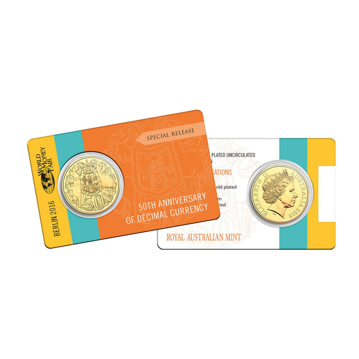2016 50c 50th Anniversary of Decimal Currently Special Release Berlin World Money Fair Gold Plated Silver Uncirculated Coin