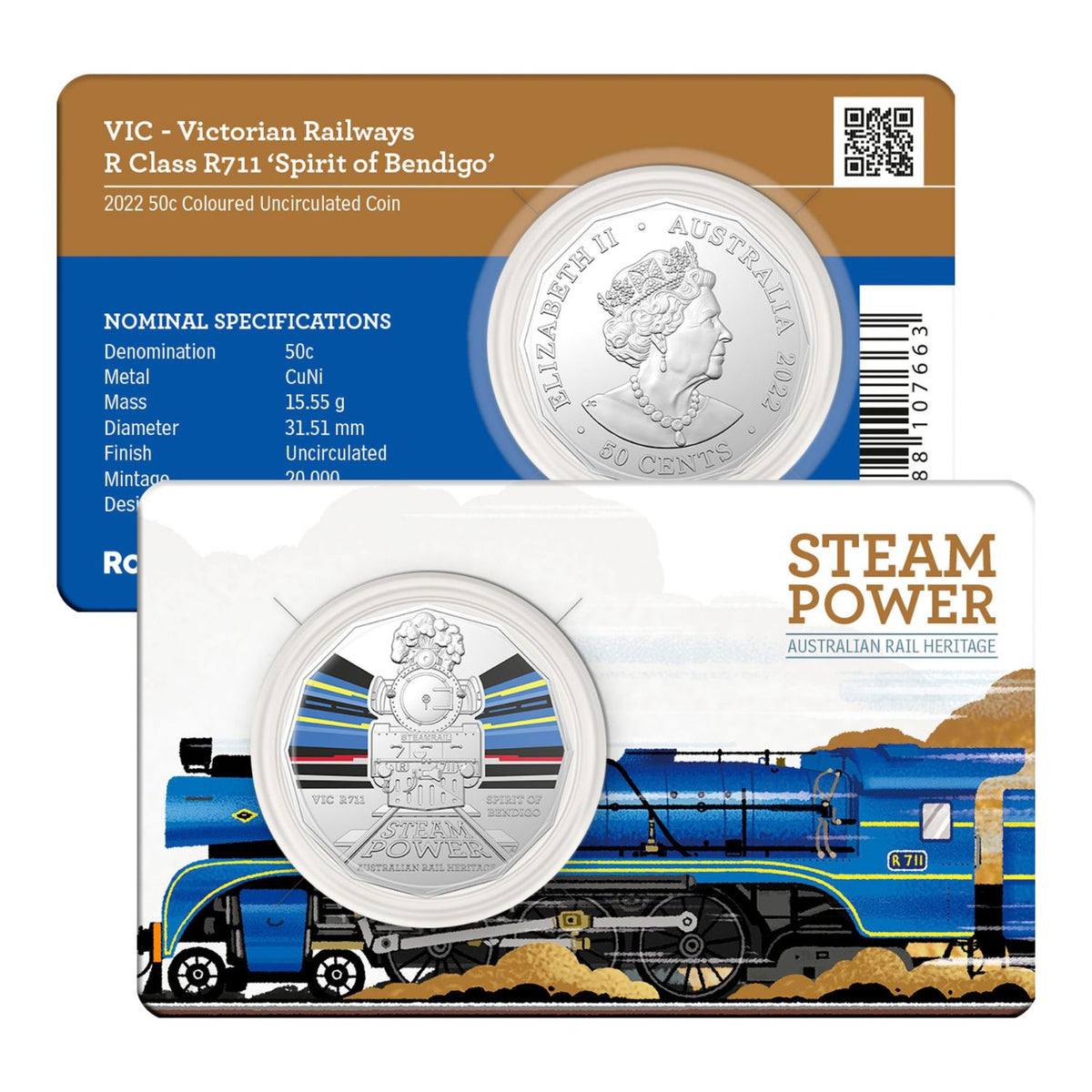 2022 50c Australian Steam Power Victorian Railways R Class R711 "Spirit of Bendigo Unc coin in RAM card