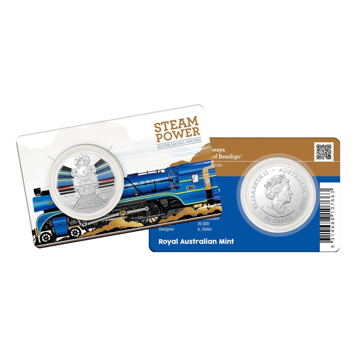 2022 50c Australian Steam Power Victorian Railways R Class R711 "Spirit of Bendigo Unc coin in RAM card