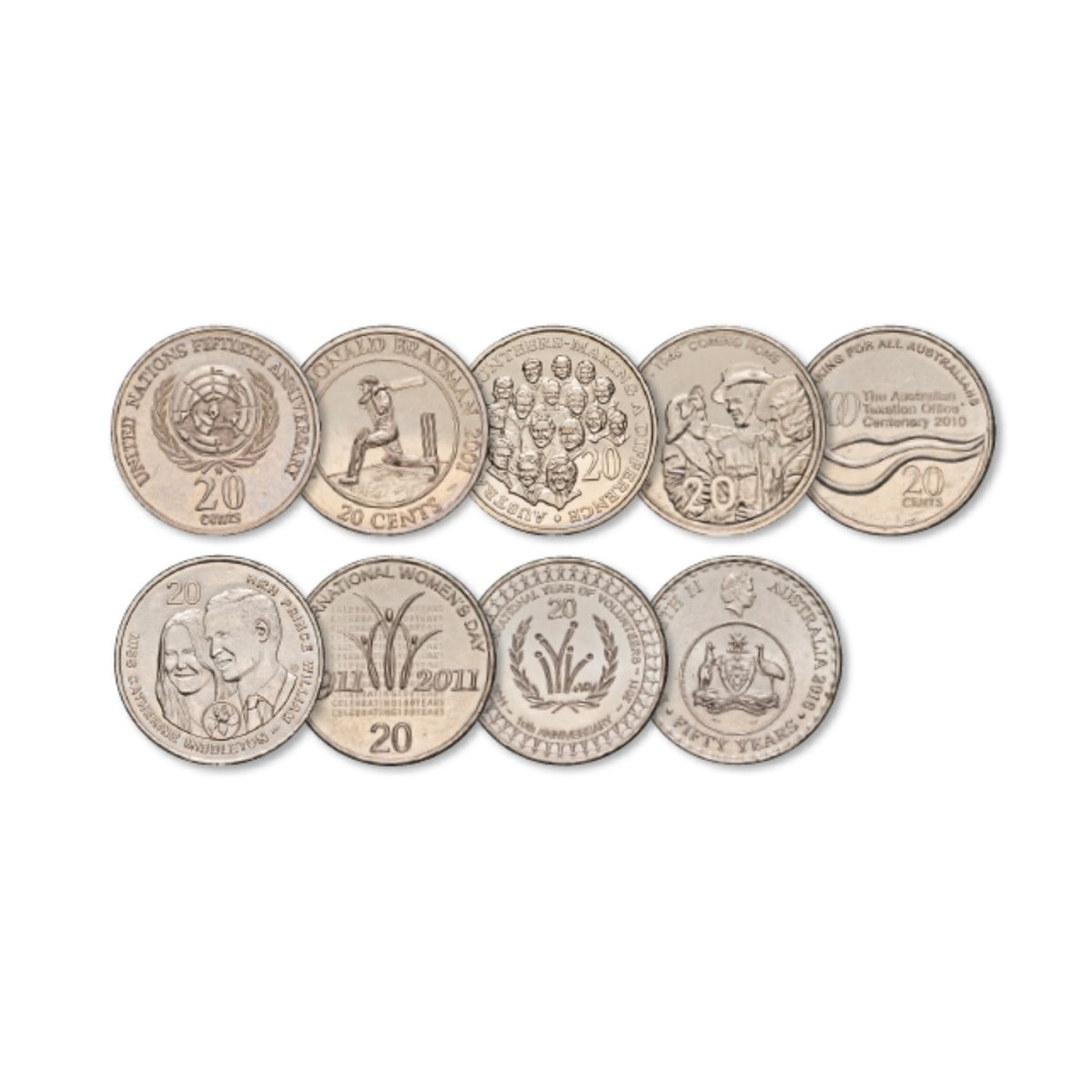 Australia 1995-2016 20c Commemorative Cupro-Nickel about Uncirculated-Uncirculated 9-Coin Set