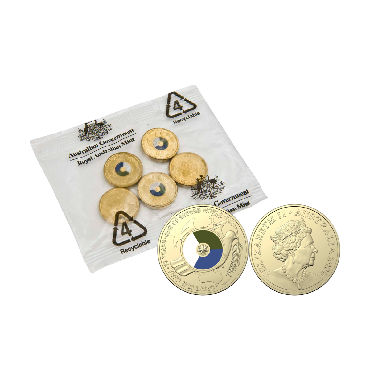 Australia End of WWII 75th Anniversary 2020 $2 Official RAM Uncirculated 5-Coin Mint Bag