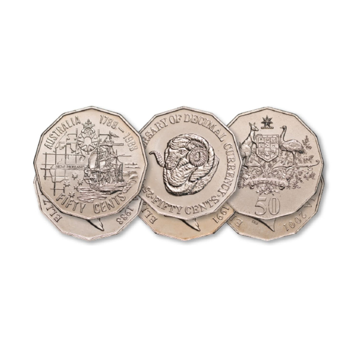 Australia 1988, 1991 & 2000 50c Cupro-Nickel Specimen 3-Coin Set