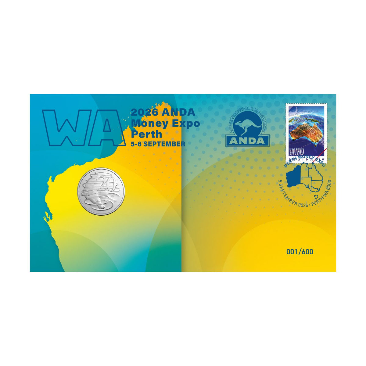 Australia ANDA Perth Money Expo 2026 20c WA Privymark Stamp & Coin Cover