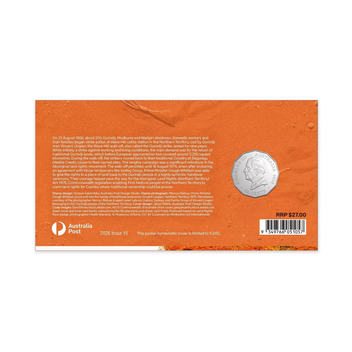 Australia Wave Hill Walk Off 60th Anniversary & Aboriginal Land Rights (Northern Territory) Act 1976 50th Anniversary 2026 50c Stamp & Coin Cover