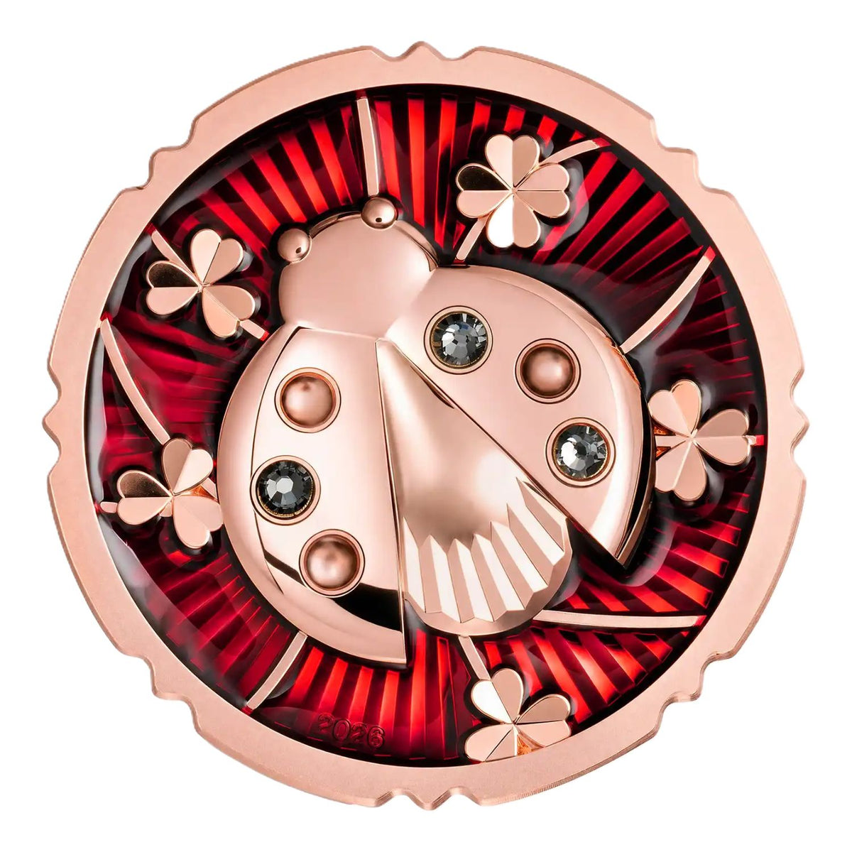 Evergreen Ladybug 2026 $5 Ultra High Relief Crystal Rose Gold-plated 1oz Silver Proof Coin