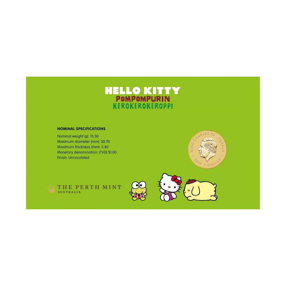 Hello Kitty, Pompompurin & Kerokerokeroppi 2026 $1 Stamp & Coin Cover
