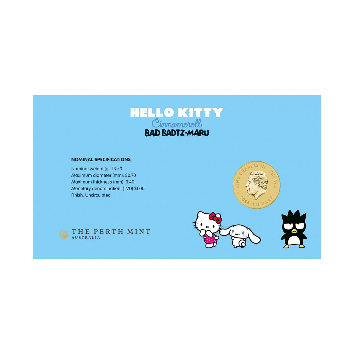 Hello Kitty, Cinnamoroll & Badtz-Maru 2026 $1 Stamp & Coin Cover